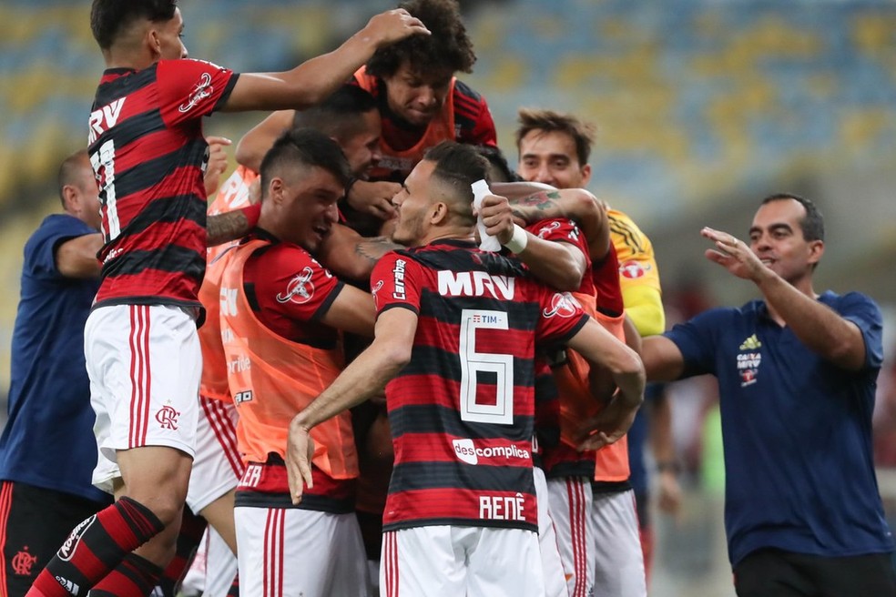 Matheus Savio, encoberto, recebe o carinho dos companheiros ap&oacute;s o gol contra o Botafogo (Foto: Gilvan de Souza/Flamengo)