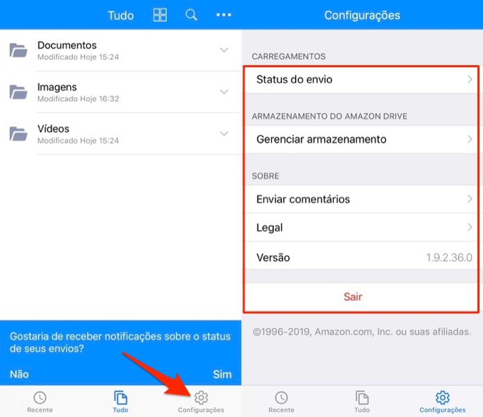 Opções do aplicativo de armazenamento na nuvem Amazon Drive — Foto: Reprodução/Marvin Costa