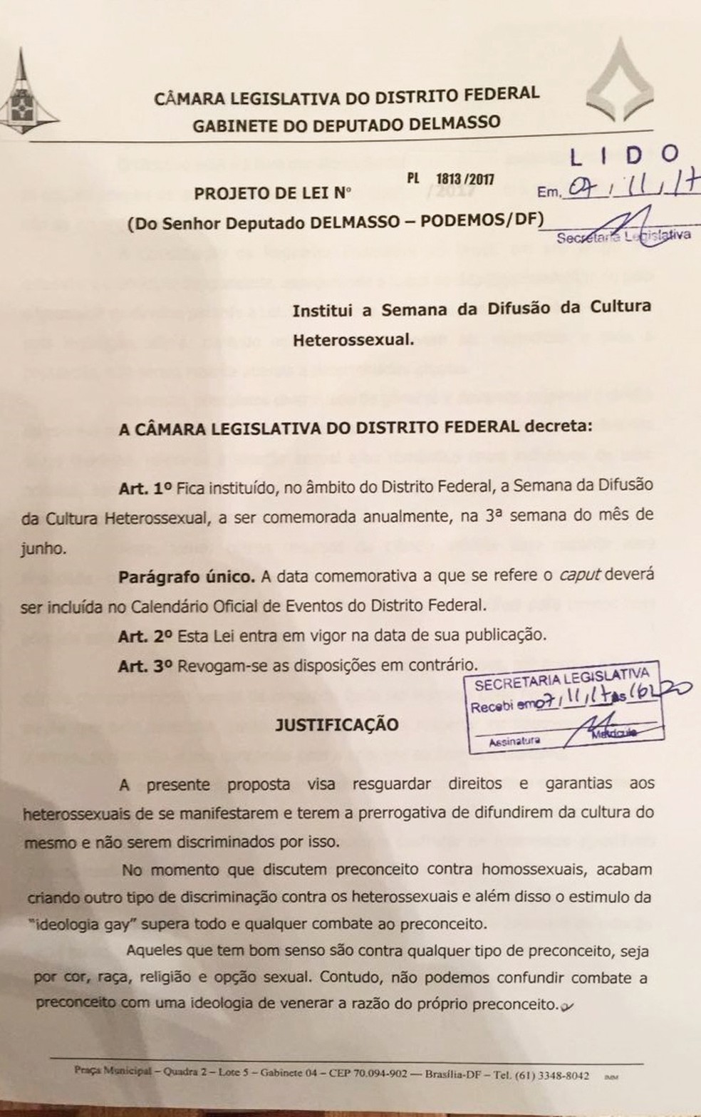 Trecho do projeto de lei que propõe a criação da 'Semana de Difusão da Cultura Heterossexual', de autoria do distrital Rodrigo Delmasso (Foto: Reprodução)