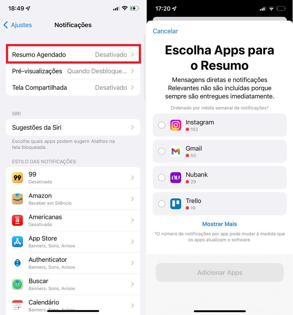 O "Resumo Agendado" exibe alertas menos relevantes apenas em horários específicos do dia — Foto: Reprodução/Clara Fabro