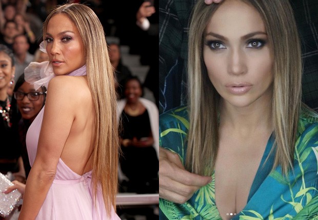 Jennifer Lopez com os longos cabelos e com os fios mais curtos (Foto: Getty Images e Reprodução)