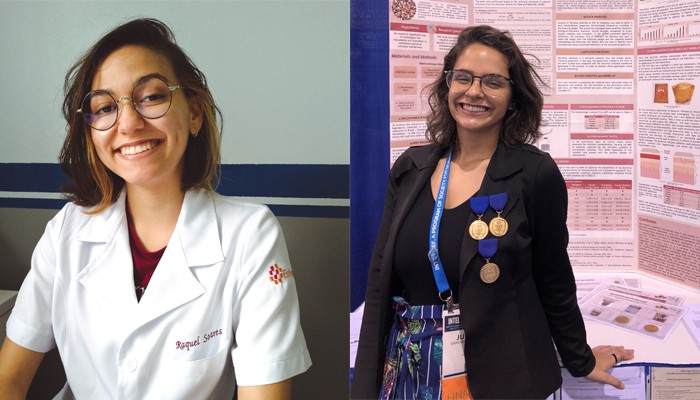 Raquel Soares (à esquerda) e Juliana Davoglio Estradioto (à direita) são as vencedoras na categoria Meninas na Ciência do Prêmio Carolina Bori Ciência & Mulher 2021 (Foto: Divulgação/SBPC)