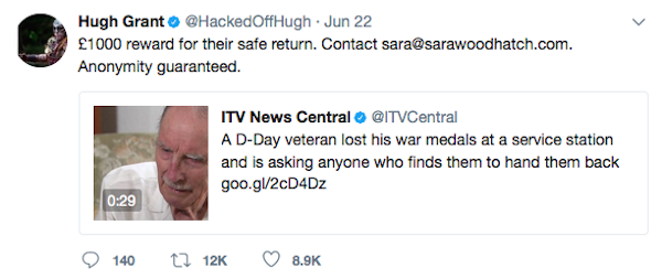 A oferta feita por Hugh Grant pelas quadro medalhas desaparecidas (Foto: Twitter)