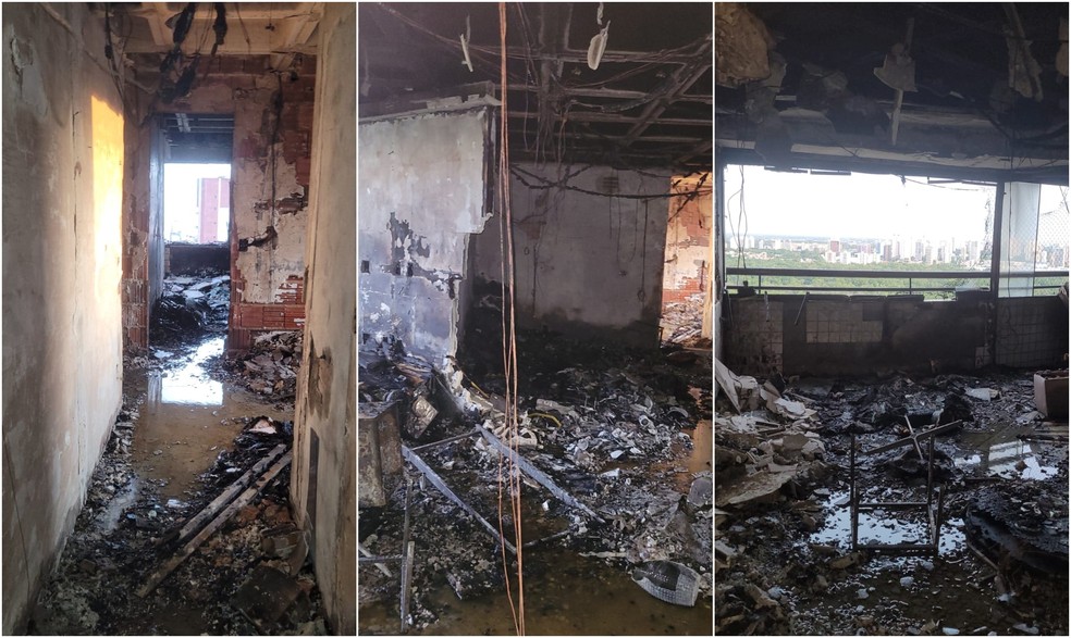 Imagens mostram interior de apartamento no Cocó, em Fortaleza, destruído após chamas — Foto: TV Verdes Mares/Reprodução