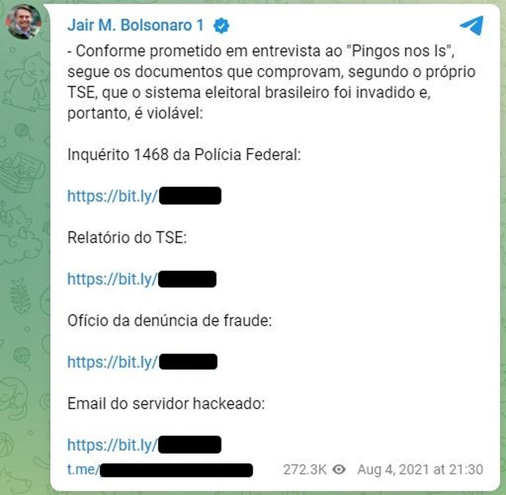 Postagem em canal verificado de Jair Bolsonaro no Telegram — Foto: Telegram/Reprodução