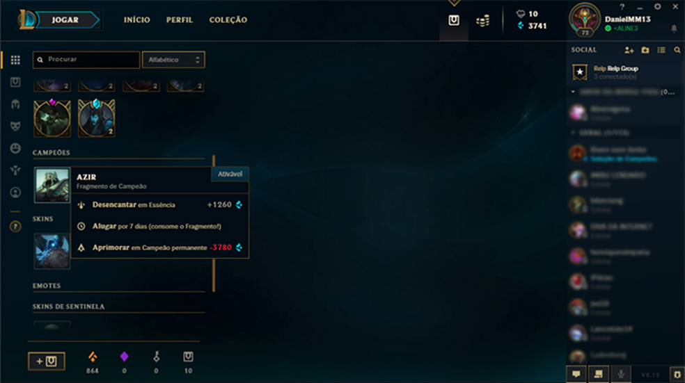 Desencante Fragmentos de Campeões do League of Legends para ganhar Essência Azul (Foto: Reprodução/Murilo Molina)