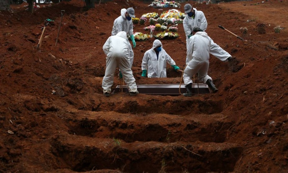 Coveiros vestindo roupas de proteção enterram o caixão de uma vítima da COVID-19, no cemitério São Luiz, em São Paulo