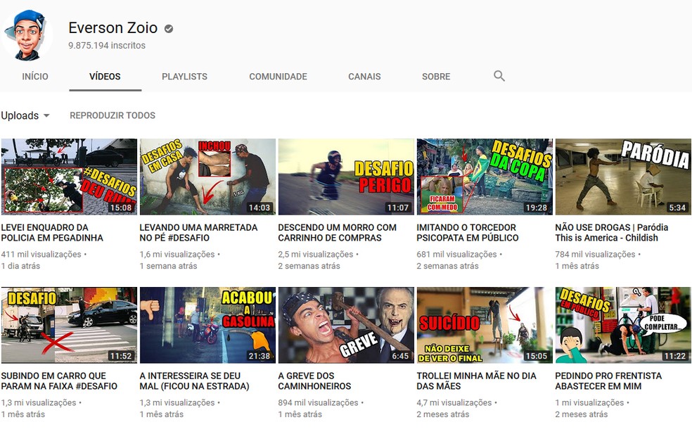 Página do youtuber Everson Zoio no YouTube (Foto: Reprodução/YouTube)