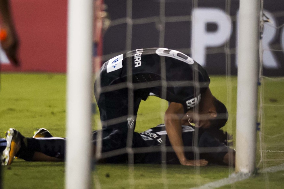 Ricardo Oliveira encosta a cabeça nas costas de Bruno Henrique na comemoração do gol (Foto: Ivan Storti/Santos FC)