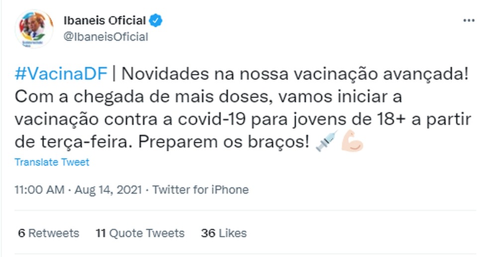 Ibaneis anuncia vacinação para jovens com 18 nos ou mais — Foto: Twitter/Reprodução
