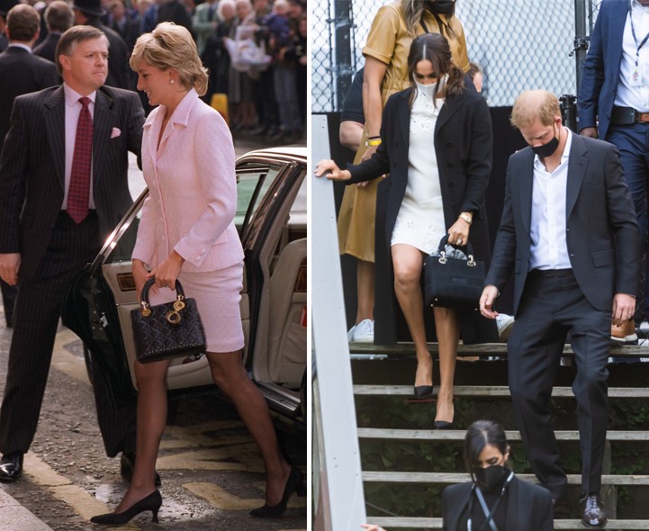  A princesa Diana costumava ser vista carregando a bolsa Dior. Na foto, à esquerda em março de 1996 e à direita Meghan Markle e príncipe Harry no sábado (25) (Foto: Divulgação)