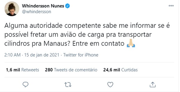 Campanha para compra de cilindros de oxigênio para hospitais de Manaus (Foto: Reprodução/Twitter)