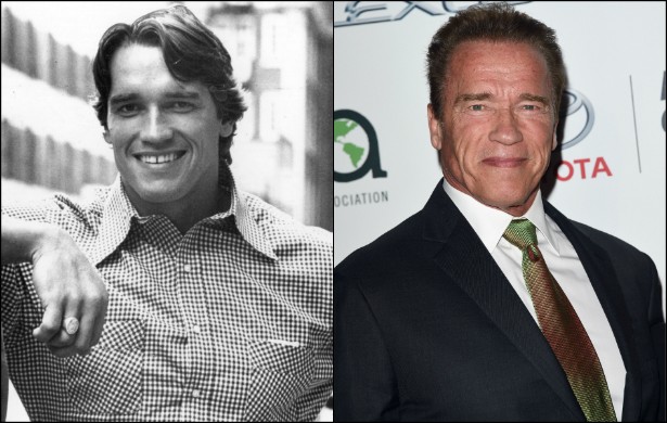 Nascido na Áustria, Arnold Schwarzenegger estava com 30 anos de idade quando posou para a foto da esquerda, em setembro de 1977. Atualmente o ator, que já foi governador do estado norte-americano da Califórnia, está com 67. (Foto: Getty Images)
