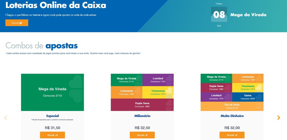 Combo especial de apostas no sistema online da Caixa Econômica Federal — Foto: Reprodução