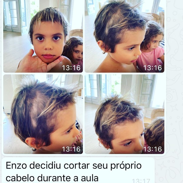 Filho de Luisa Mell corta cabelo durante a aula (Foto: Reprodução)