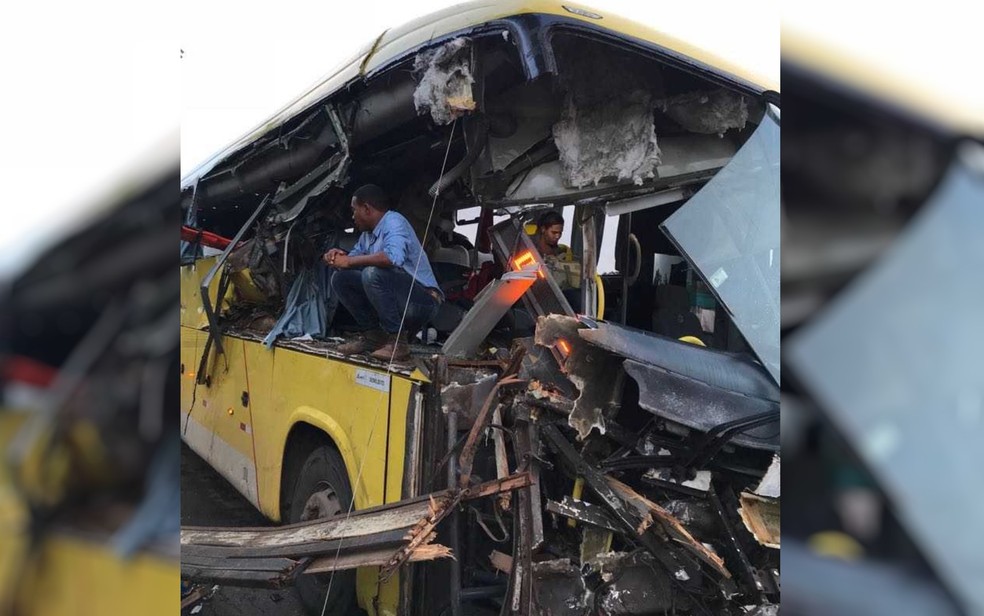 Ônibus fica destruído em acidente na GO-080, entre São Francisco e Petrolina (Foto: Corpo de Bombeiros/ Divulgação)