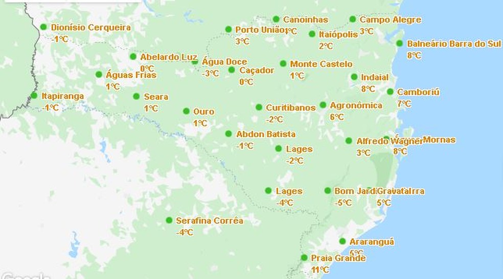 Estações da Epagri/Ciram registram frio em todas regiões catarinenses — Foto: Epagri/Ciram/Reprodução