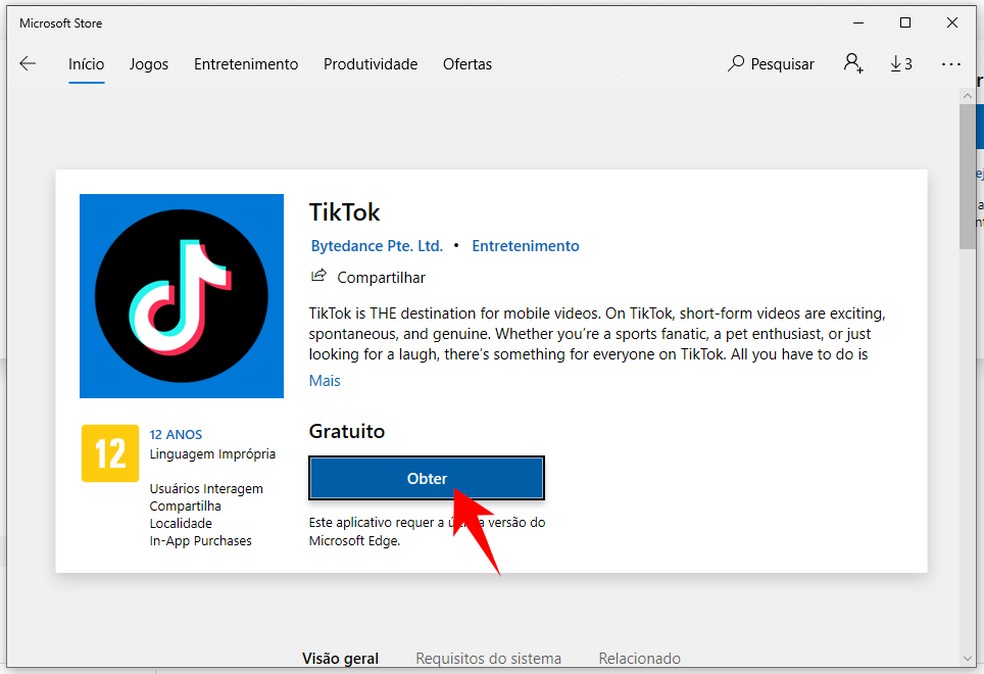 Baixando o TikTok no PC pela Microsoft Store — Foto: Reprodução/Rodrigo Fernandes