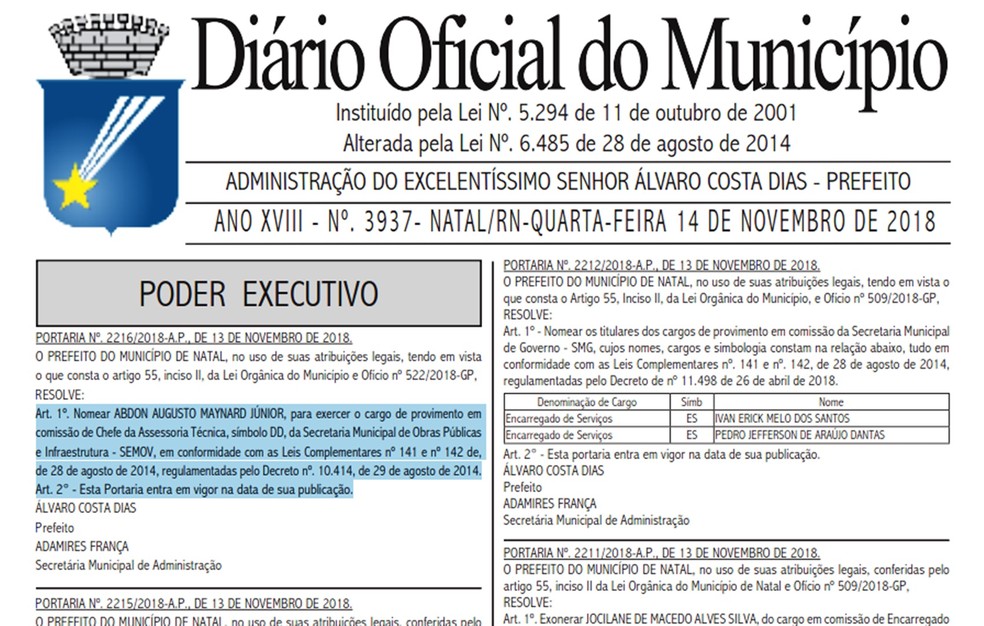 NomeaÃ§Ã£o foi publicada nesta semana no DiÃ¡rio Oficial do MunicÃ­pio de Natal âÂ€Â” Foto: ReproduÃ§Ã£o/DOM