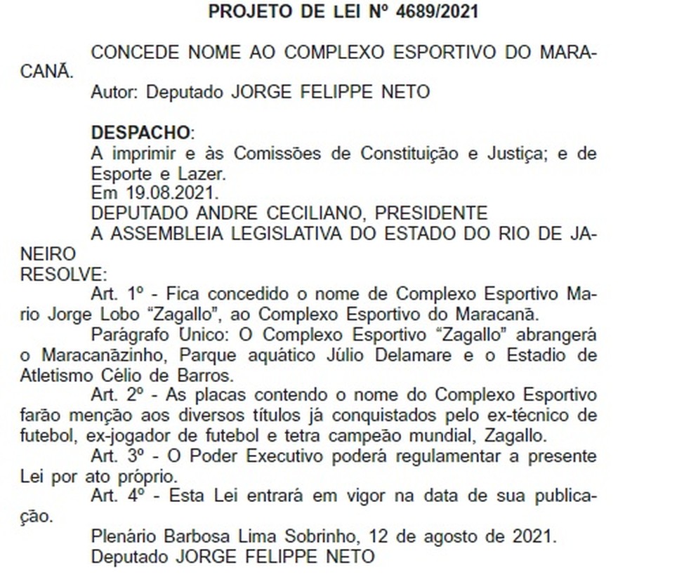 Projeto de Lei muda nome do Complexo do Maracanã — Foto: Reprodução/Diário Oficial RJ