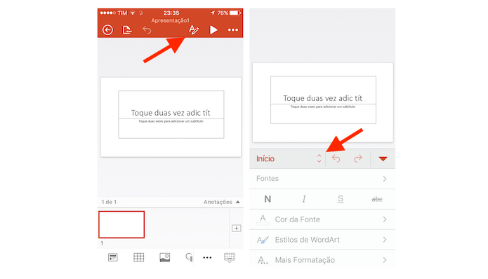 Acessando as opções para escrita do Powerpoint para iPhone (Foto: Reprodução/Marvin Costa)