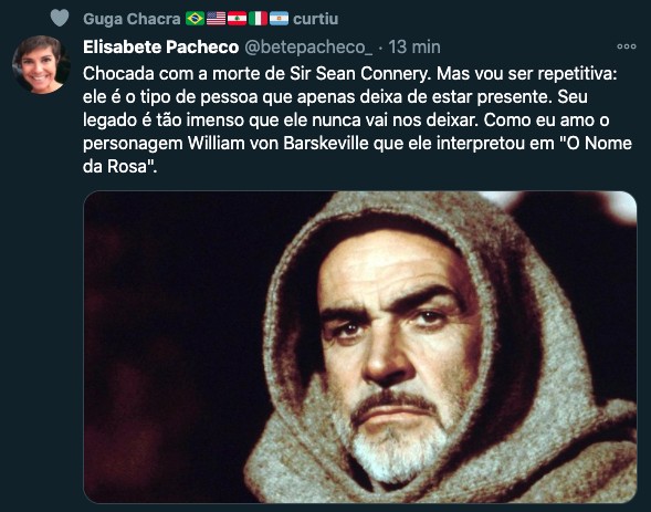Jornalista Elisabete Pacheco lamentou morte de Sean Connery no Twitter (Foto: Reprodução/Twitter)