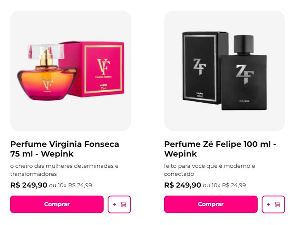 Perfumes Virgínia Fonseca e Zé Felipe custam R$ 250 — Foto: Reprodução