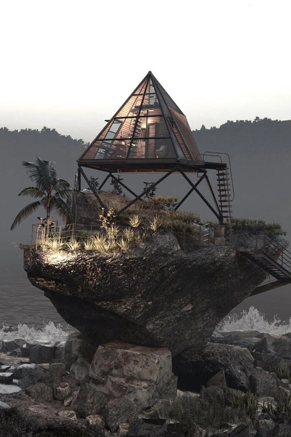 Designer imagina cabine perfeita para o isolamento em rocha à beira-mar (Foto: Divulgação / Thilina Liyanage)
