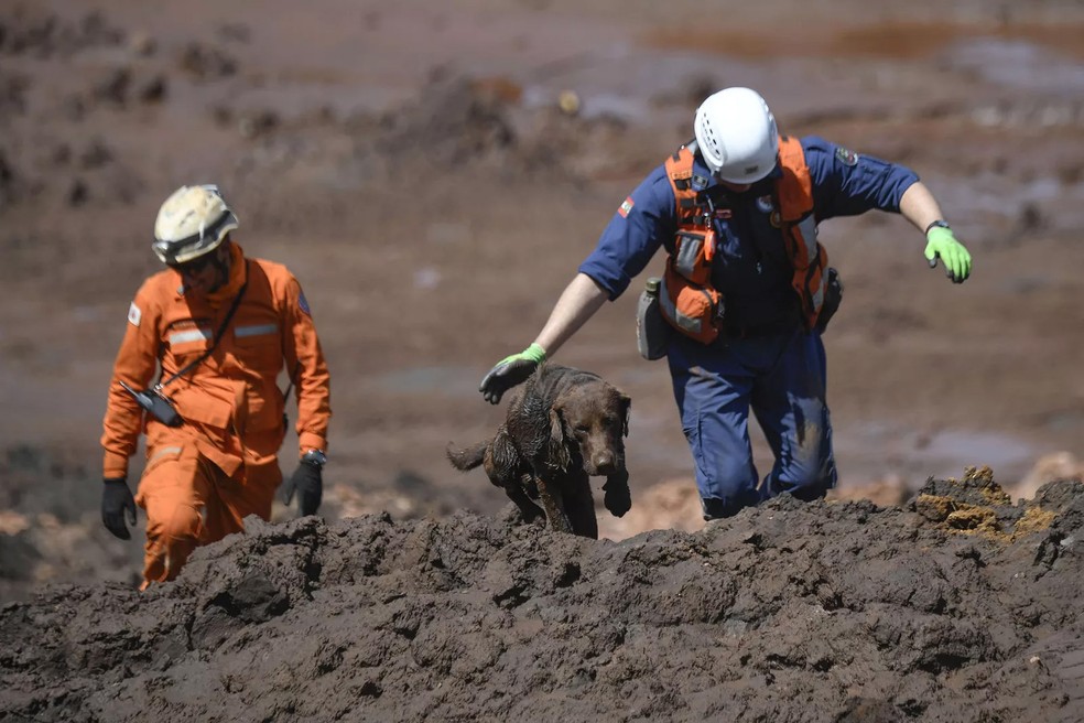Bombeiros trabalham em contato direto com os rejeitos.  — Foto:  Mauro Pimentel/AFP