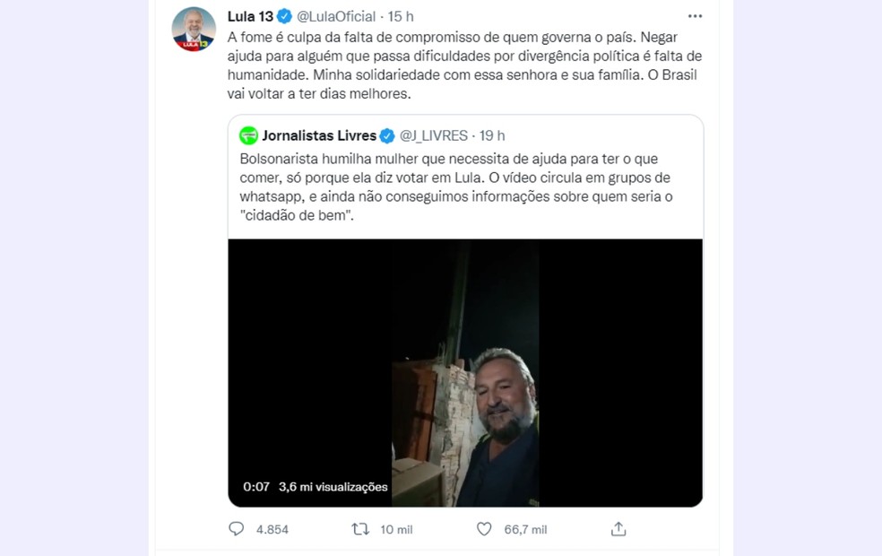 Lula (PT) falou sobre vídeo de Itapeva no Twitter — Foto: Twitter/Reprodução