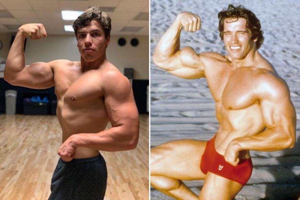Comparação entre Joseph e o pai Arnold Schwarzenegger quando jovem (Foto: Reprodução Instagram)