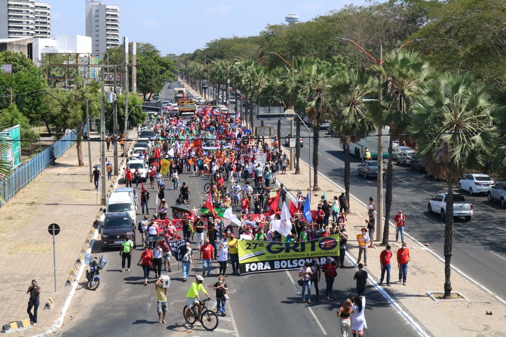 7 de Setembro: grupo protesta contra o governo Bolsonaro diante da Assembleia Legislativa em Teresina — Foto: Lucas Marreiros/G1