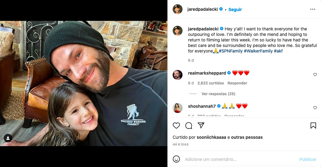 O post do ator Jared Padalecki, em foto com a filha, informando sobre sua melhora após um acidente de carro (Foto: Instagram)