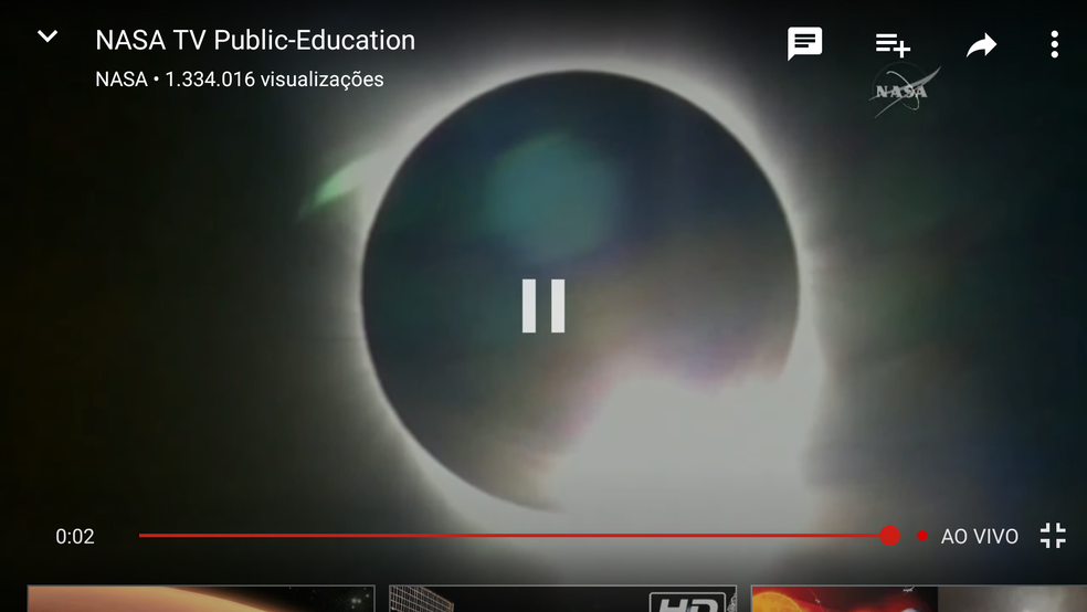 Canal da NASA no YouTube exibe o eclipse solar de 2017 (Foto: Reprodução / YouTube)