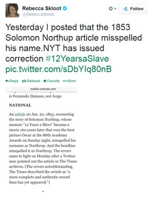 Usuária do Twitter relata correção do 'New York Times' depois que ela alertou sobre erro em matéria de 1853 (Foto: Reprodução/Twitter)
