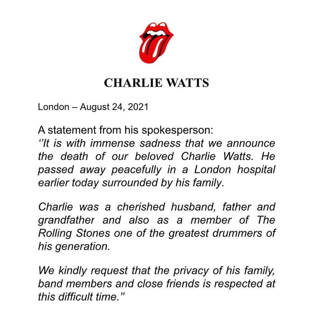 Comunicado do Rolling Stones sobre morte de Charlie Watts (Foto: Reprodução Instagram)