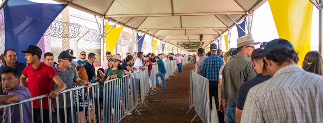 Fila de visitantes para entrar no parque tecnológico da Agrishow 2023 em Ribeirão Preto, SP — Foto: Érico Andrade/g1