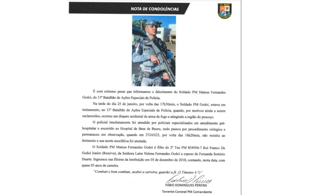 Morre policial militar atingido por tiro no pescoço durante treinamento em Bauru — Foto: 13º Baep/Divulgação 