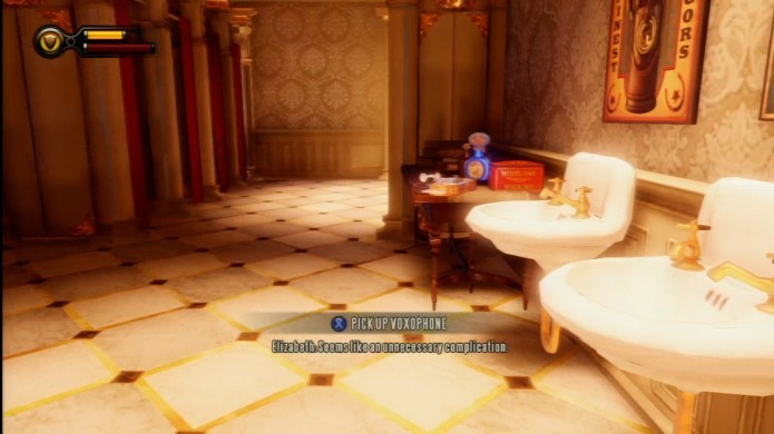 Bioshock Infinite: banheiro onde você encontrará o Voxophone 19 (Foto: Reprodução/Youtube)