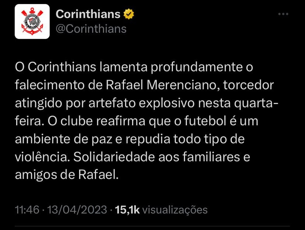 Corinthians emitiu nota de pesar sobre falecimento  — Foto: Redes sociais/Reprodução 