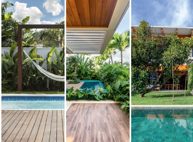 Galeria reúne 15 imagens de projetos de área externa com paisagismo e piscina (Foto: Divulgação | Montagem: Casa e Jardim)