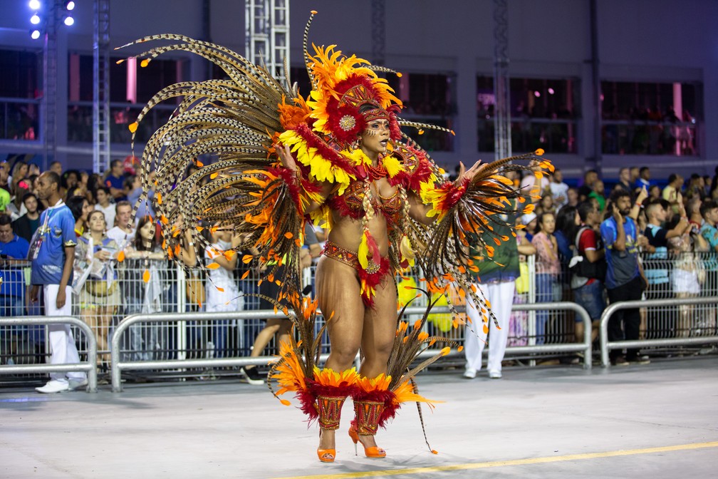 Destaque da Acadêmicos do Tucuruvi usa fantasia inspirada nos povos indígenas — Foto: Marcelo Brandt/G1