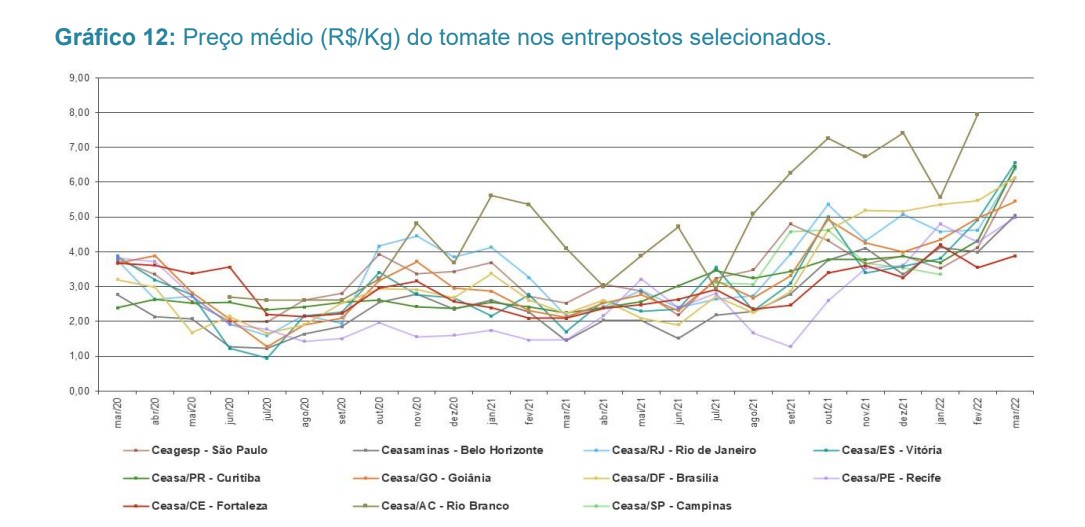 Preço médio (R$/Kg) da cenoura nos entrepostos selecionados  (Foto: Conab)