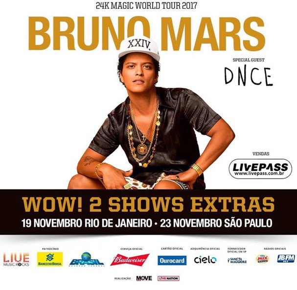 Bruno Mars anuncia mais 2 shows extras em São Paulo e no Rio de Janeiro