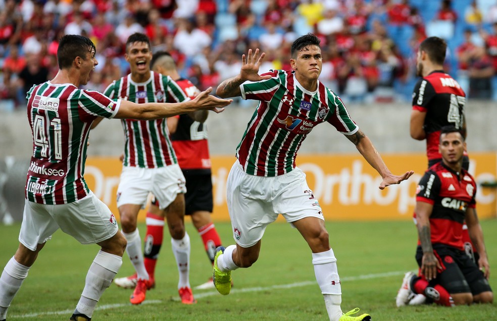 Pedro marcou um dos gols do Fluminense na goleada de 4 a 0 sobre o Flamengo em 2018 — Foto: Lucas Merçon