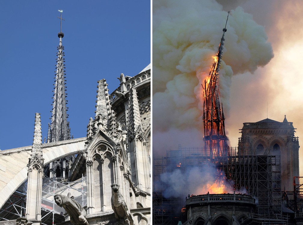 Comparativo mostra imagem de arquivo com o incêndio ocorrido nesta segunda-feira (15) na Catedral de Notre-Dame, em Paris — Foto: Ludovic Marin/AFP; Geoffroy Van Der Hasselt/AFP