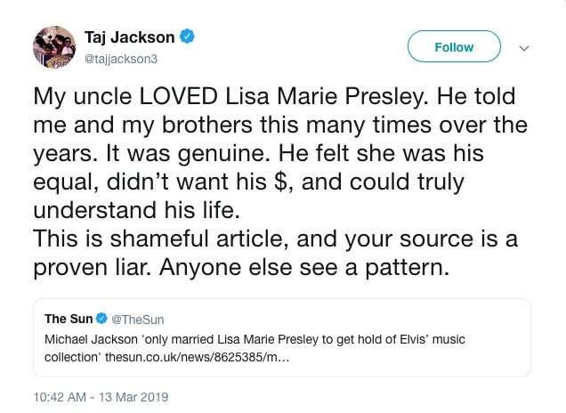 O post do sobrinho de Michael Jackson rebatendo as acusações da ex-funcionária do músico (Foto: Twitter)