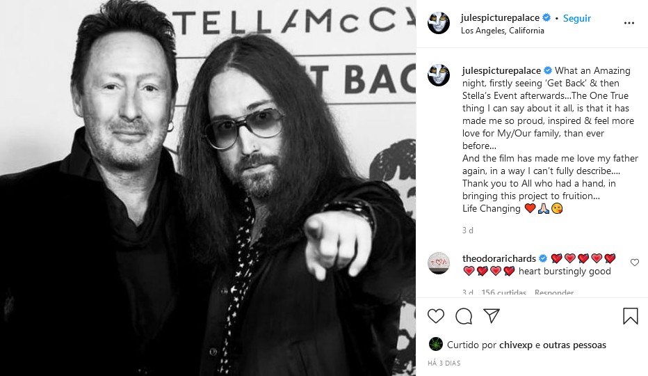 O post de Julian Lennon celebrando a sua ida com o irmão, Sean Lennon, no evento de lançamento do documentário  The Beatles: Get Back (2021) (Foto: Instagram)