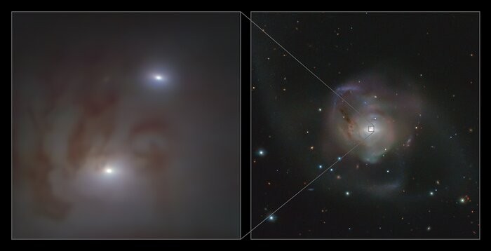 Visão próxima (à esquerda) e uma visão ampliada (à direita) de dois núcleos galácticos brilhantes, cada um com um buraco negro supermassivo, na galáxia NGC 7727 (Foto: ESO/Voggel et al.; ESO/VST ATLAS)