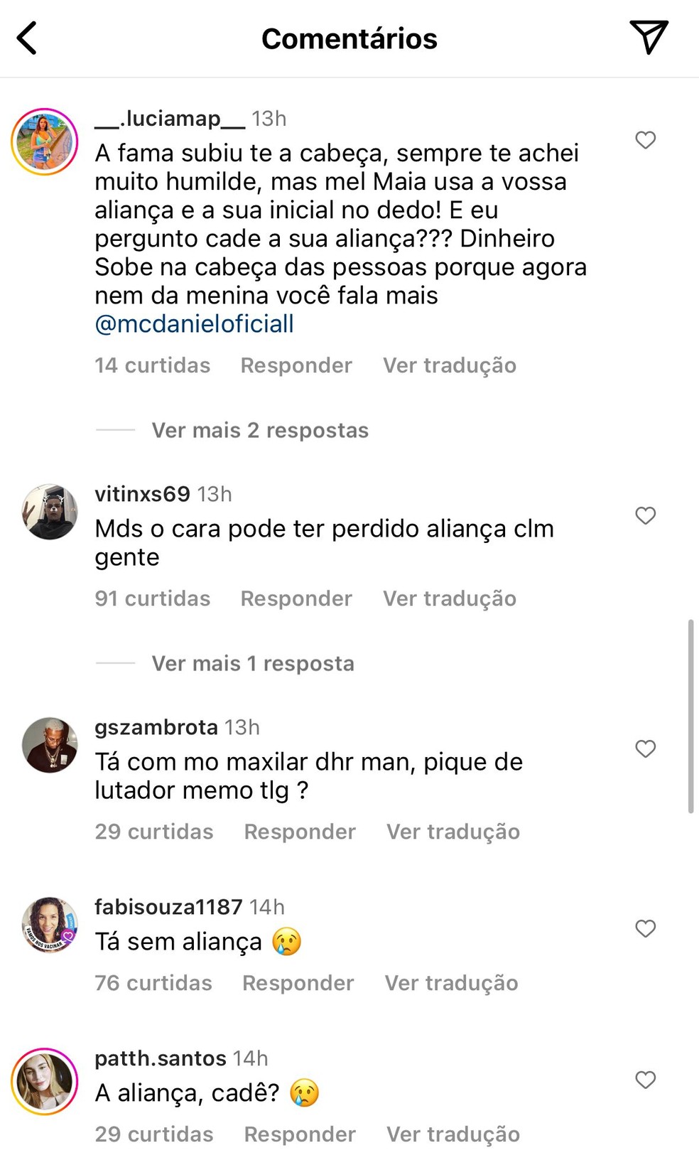 Comentários na publicação do MC Daniel — Foto: Reprodução/Instagram